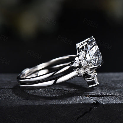 Sterling Silver Natural Black Rutilated Quartz Ring Set Pear Shaped Black Rutile Crystal Engagement Ring Anniversary Wedding Ring For Women