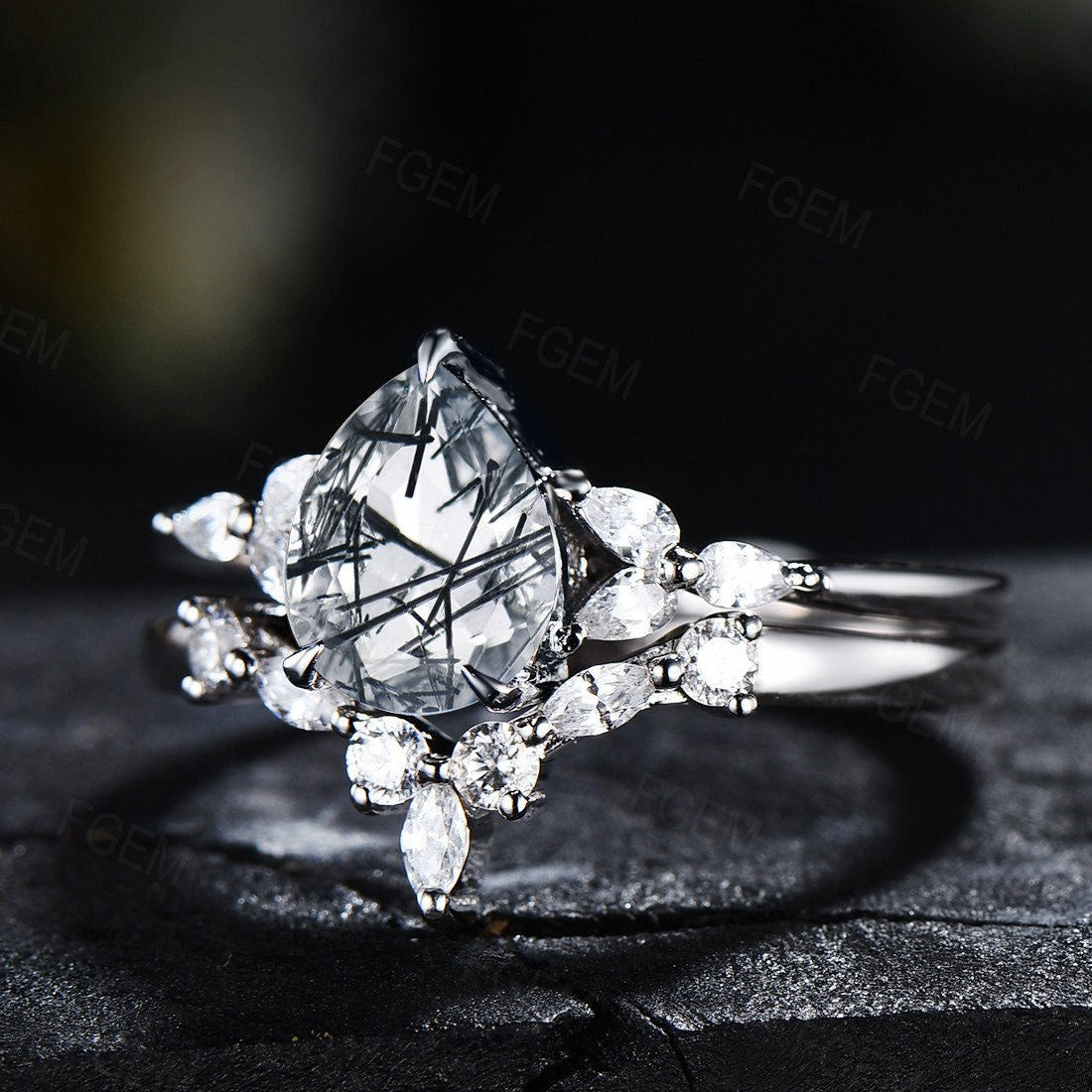 Sterling Silver Natural Black Rutilated Quartz Ring Set Pear Shaped Black Rutile Crystal Engagement Ring Anniversary Wedding Ring For Women
