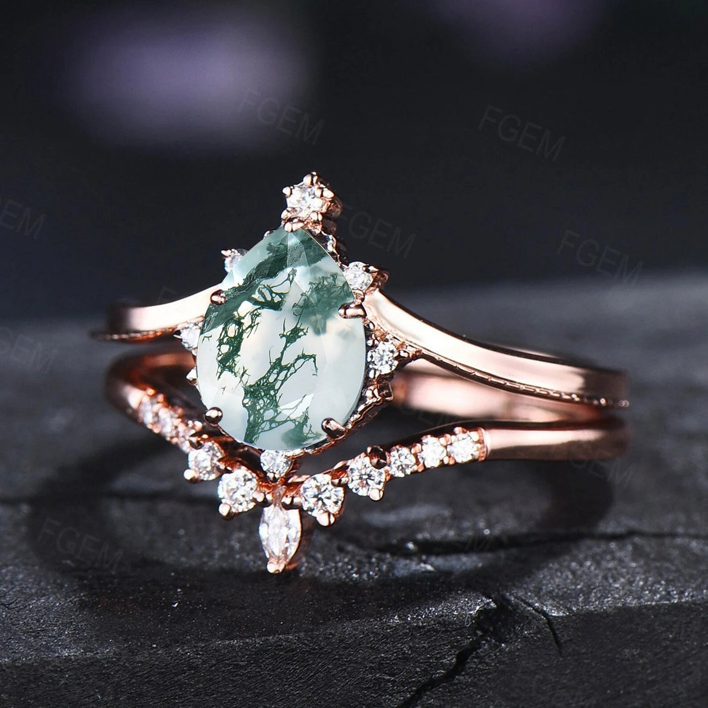 Pear Shaped Moss Agate Engagement Ring Set Sterling Silver Curve Wedding Band Rose Gold Moss Agate Bridal Set For Women Unique Proposal Gift