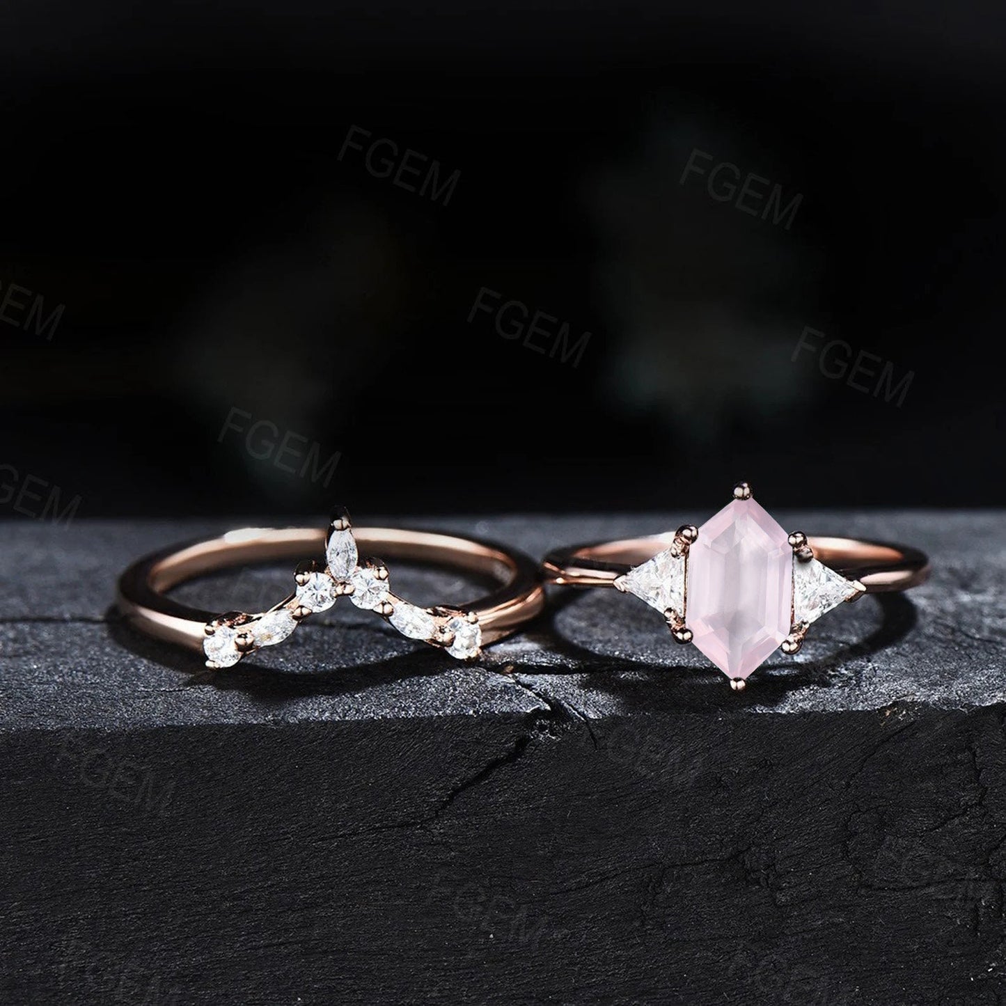 Natural Rose Quartz Ring Hexagon Engagement Ring Set Moissanite Wedding Bridal Set Pink Crystal Ring Valentine's Day Jewelry Gift for Couple