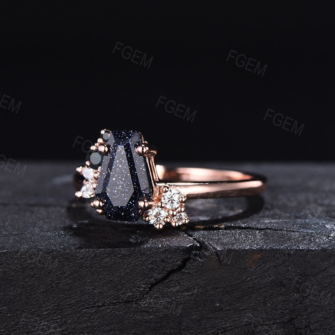 Coffin Ring Sterling Silver Blue Sandstone Engagement Ring Black Diamond Moissanite Cluster Ring Proposal Gift Outer Space Ring Nebula Ring