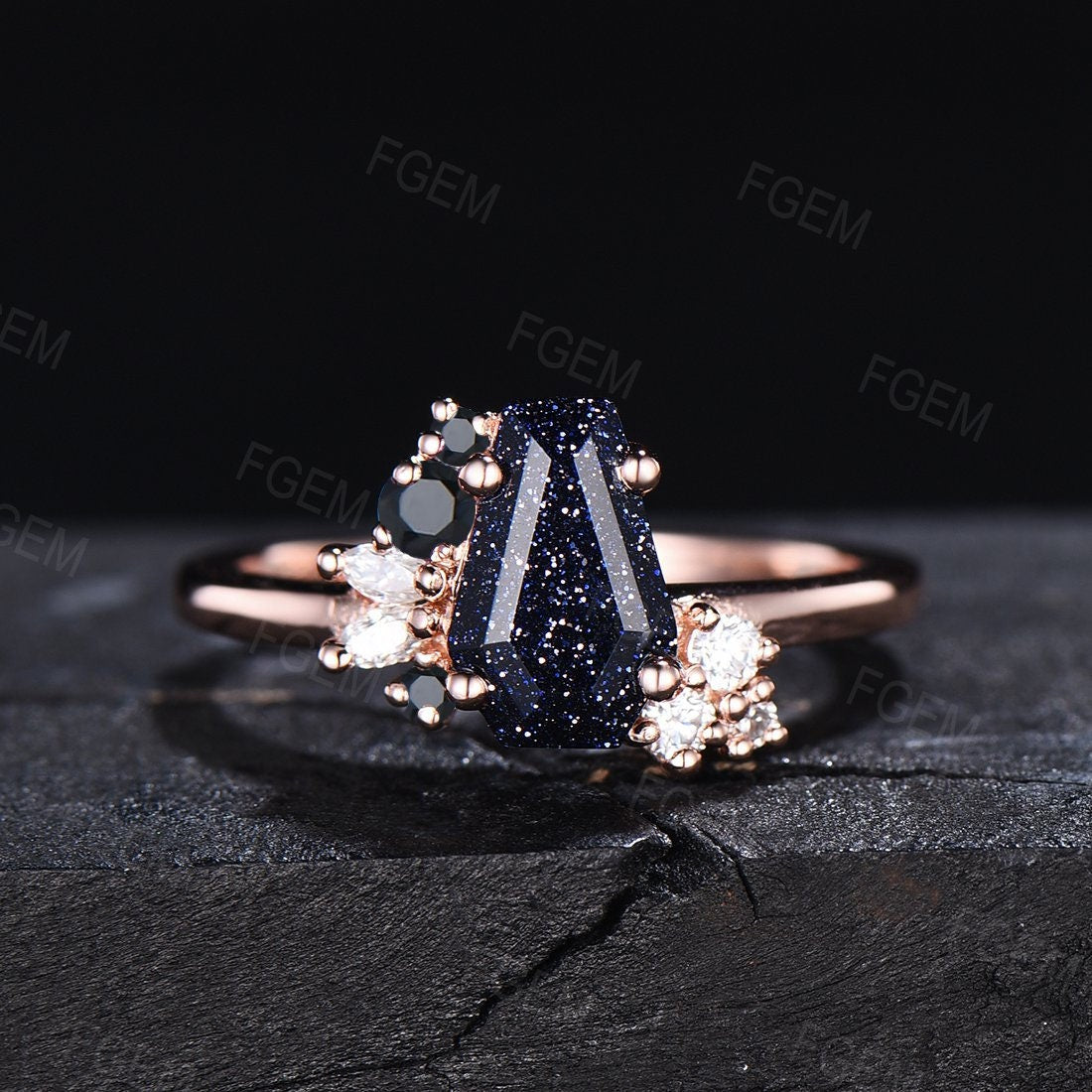 Coffin Ring Sterling Silver Blue Sandstone Engagement Ring Black