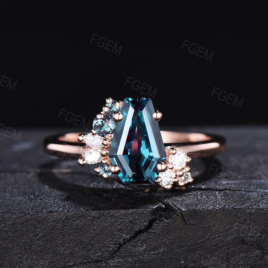 Coffin Shaped Ring Color Change Alexandrite Engagement Ring Vintage Long Hexagon Cluster Ring Alexandrite Moissanite Wedding Ring For Women