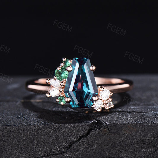 Coffin Shaped Alexandrite Engagement Ring Unique Color Change Ring Vintage Hexagon Cluster Ring Emerald Moissanite Wedding Ring For Women