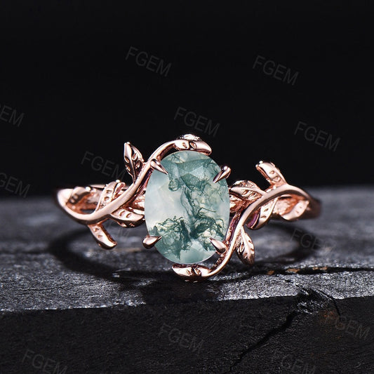 Natural Moss Agate Ring Vintage Oval Cut Engagement Ring Inspired Leaf Solitaire Ring Green Healing Gemstone Ring Unique Promise Ring Women