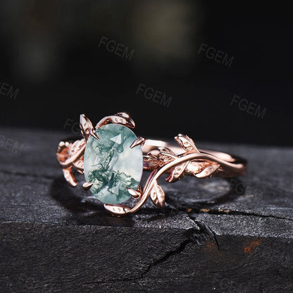 Natural Moss Agate Ring Vintage Oval Cut Engagement Ring Inspired Leaf Solitaire Ring Green Healing Gemstone Ring Unique Promise Ring Women