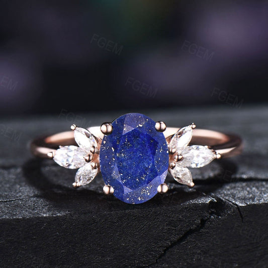 Sterling Silver Oval Cut Natural Lapis Lazuli Crystal Ring For Women Vintage Real Lazuli Jewelry Antique Blue Gemstone Ring Anniversary Gift
