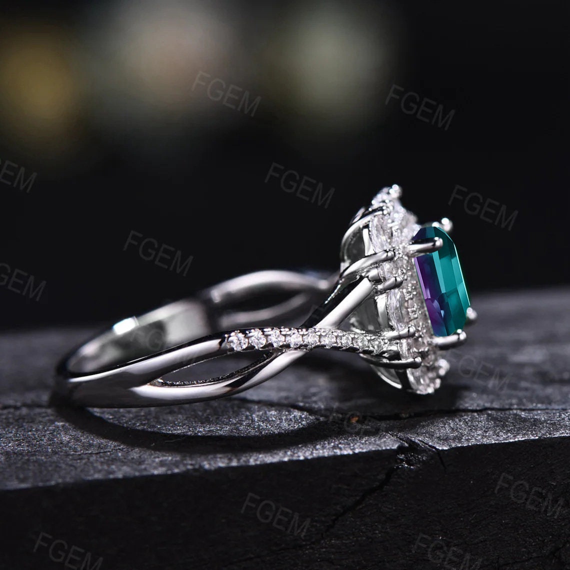 Double Halo Alexandrite Engagement Ring Princess Cut Alexandrite Ring June Birthstone Jewelry Twist Band Cocktail Ring Women Platinum Ring