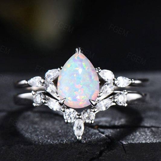 Unique Pear Shaped White Opal Engagement Ring Set October Birthstone Jewelry Birthday/Anniversary Gift Sterling Silver Opal Bridal Ring Set