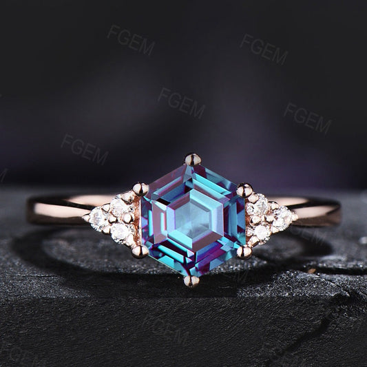 Hexagon Cut Color Change Alexandrite Ring Vintage Sterling Silver Cluster Engagement Ring Unique Birthday Gift June Birthstone Wedding Ring
