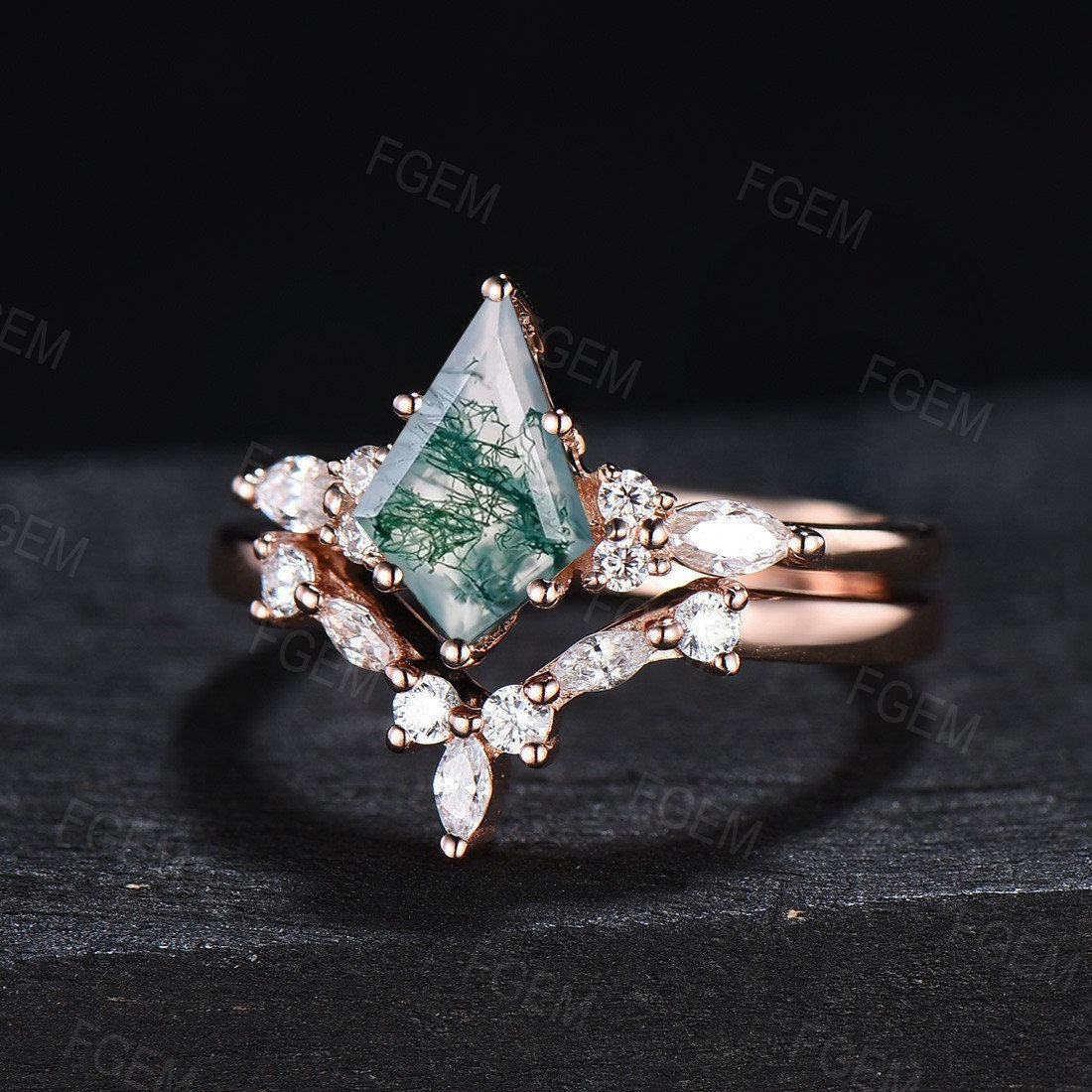 Vintage Kite Shaped Moss Agate Engagement Ring Set Rose Gold Unique Moon Wedding Ring for Women Band Green Crystal Emerald Promise Ring 18K White Gold