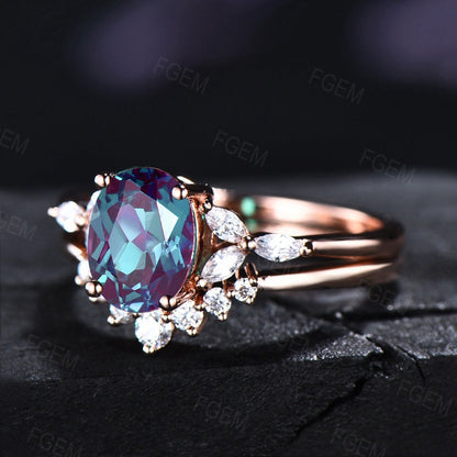 Alexandrite Engagement Rings Set Oval Cut June Birthstone Wedding Ring Vintage Alexandrite Bridal Set for Woman Unique Anniversary Gifts