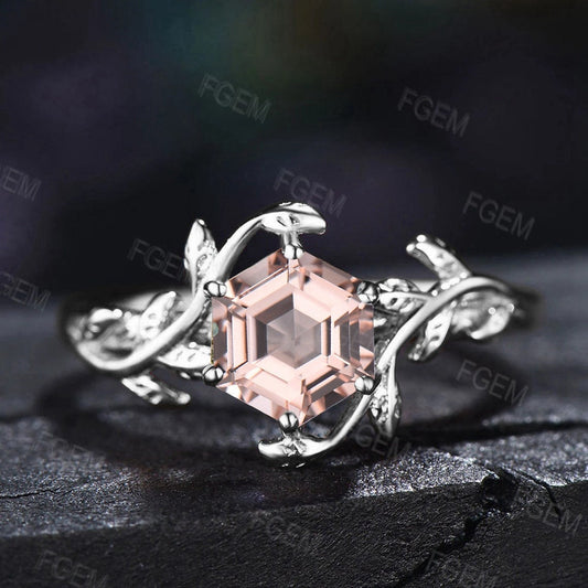 Hexagon Cut Natural Peach Morganite Engagement Ring Pink Morganite Gemstone Jewelry Gift Leaf Ring Unique Rose Gold Solitaire Ring for Women