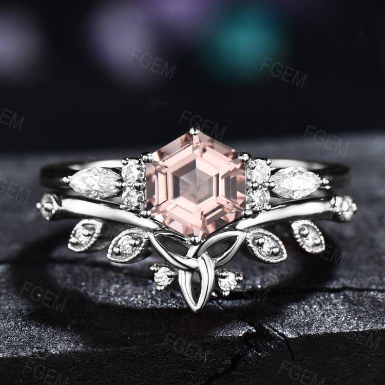 Hexagon Cut Natural Pink Morganite Bridal Set June Birthstone Real Peach Morganite Moissanite Engagement Ring Set Celtic Knot Wedding Set