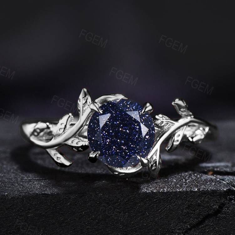 Sterling Silver Round Cut Blue Sandstone Engagement Ring Leaf Gemstone Ring Blue Sandstone Solitaire Promise Ring Anniversary Gift For Her