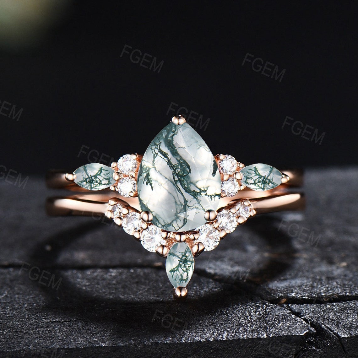 1.25ct Pear Shaped Natural Moss Agate Engagement Ring Set Sterling Silver Green Moss Ring Set Promise Ring Healing Gemstone Gift for Women