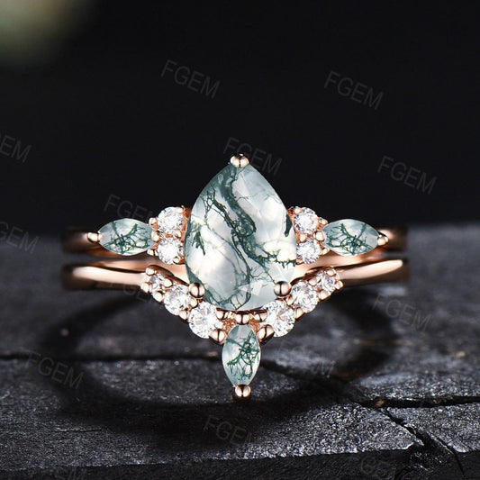 1.25ct Pear Shaped Natural Moss Agate Engagement Ring Set Sterling Silver Green Moss Ring Set Promise Ring Healing Gemstone Gift for Women
