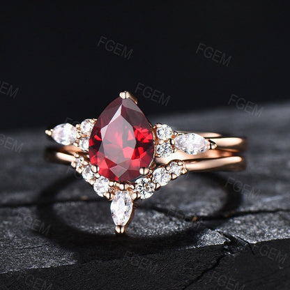 Sterling Silver Red Gemstone Jewelry 1.25ct Pear Shaped Ruby Engagement Ring Set Anniversary/Birthday Gift for Women July Birthstone Ring