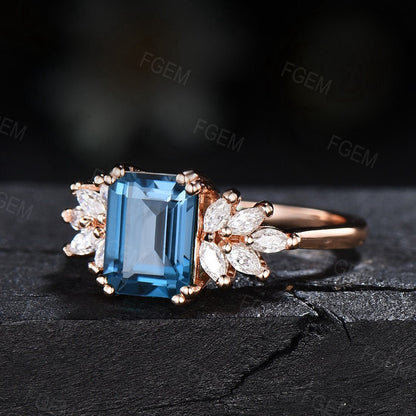 2ct Emerald Cut Natural London Blue Topaz Marquise Cluster Engagement Rings Vintage Sterling Silver Natural Topaz Ring Birthday Wedding Gift