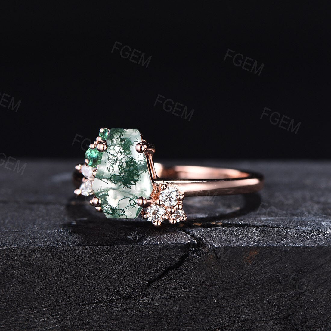 Coffin Ring Rose Gold Natural Moss Agate Engagement Ring Emerald Moissanite Ring Unique Hexagon Cluster Engagement Ring Wedding Promise Gift