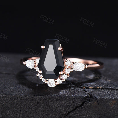 Coffin Shaped Natural Black Onyx Wedding Ring Vintage Black Gemstone Gothic Engagement Ring Moissanite Ring Unique Promise Statement Ring