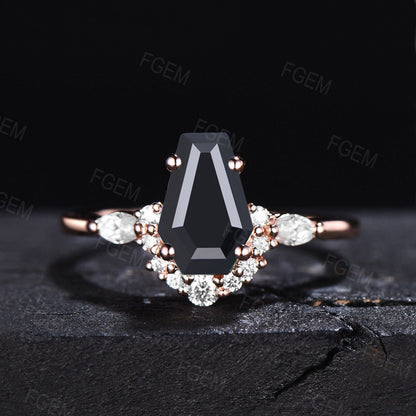 Coffin Shaped Natural Black Onyx Wedding Ring Vintage Black Gemstone Gothic Engagement Ring Moissanite Ring Unique Promise Statement Ring