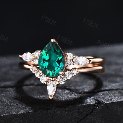 1.25ct Pear Shaped Green Emerald Engagement Ring Set May Birthstone Wedding Bridal Ring Emerald Jewelry Vintage Anniversary Gifts for Women