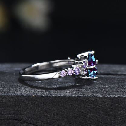 Sterling Silver Round Cut Color-Change Alexandrite Engagement Ring For Women with Purple Amethyst Ring June Birthstone Jewelry Birthday Gift
