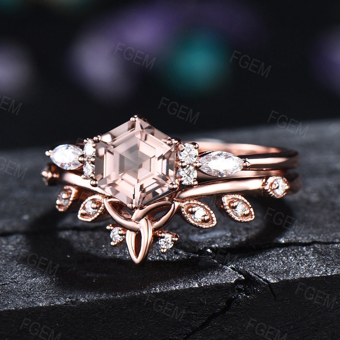 Hexagon Cut Natural Pink Morganite Bridal Set June Birthstone Real Peach Morganite Moissanite Engagement Ring Set Celtic Knot Wedding Set