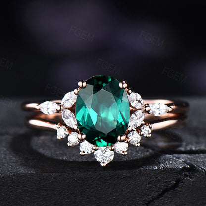 1.5ct Oval Cut Green Emerald Engagement Rings Set May Birthstone Gift Green Gemstone Jewelry Anniversary/Birthday Gift Sterling Silver Ring