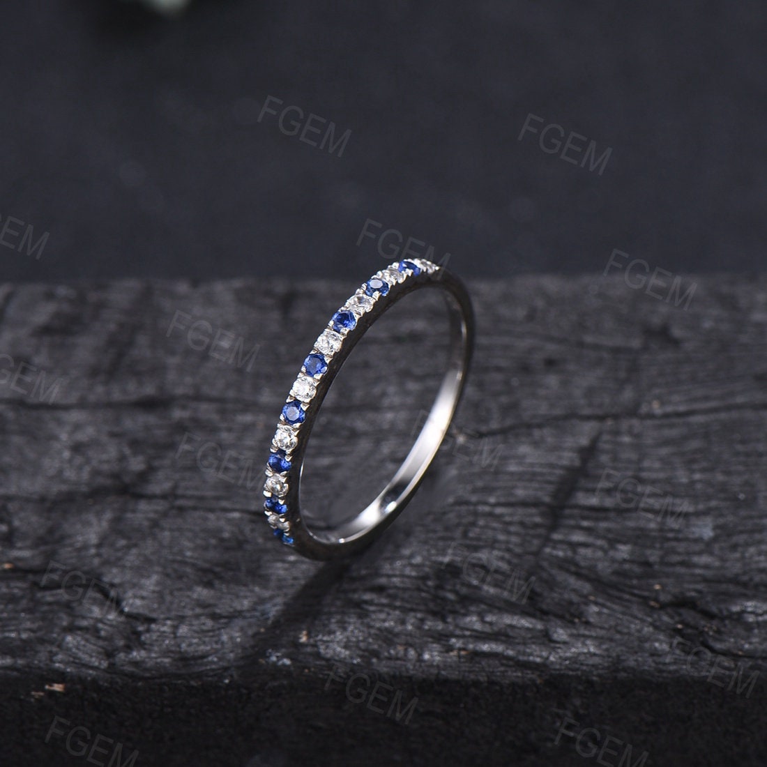 Natural Blue Sapphire Half Eternity Wedding Band Dainty Stackable Rings September Birthstone Gift Simple Minimalist Jewelry Anniversary Ring