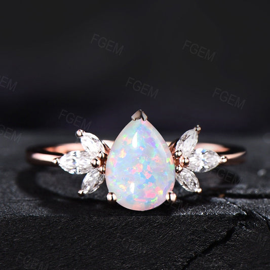 Sterling Silver Pear Shaped White Opal Engagement Ring for Women CZ Diamond Cluster Ring October Birthstone Jewelry Wedding Gift for Her