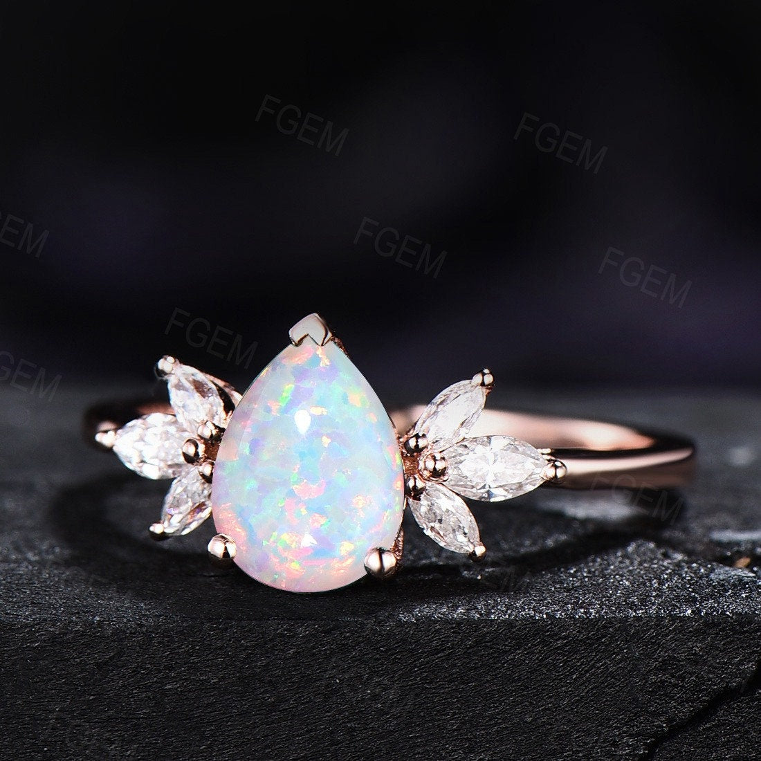 Sterling Silver Pear Shaped White Opal Engagement Ring for Women CZ Diamond Cluster Ring October Birthstone Jewelry Wedding Gift for Her