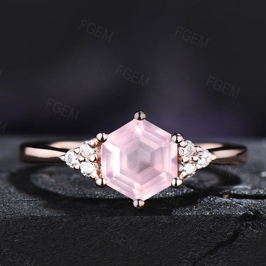 Natural Rose Quartz Ring Sterling Silver Hexagon Cluster Engagement Ring Pink Crystal Ring Love Gift for Her Rose Gold Quartz Gemstone Ring