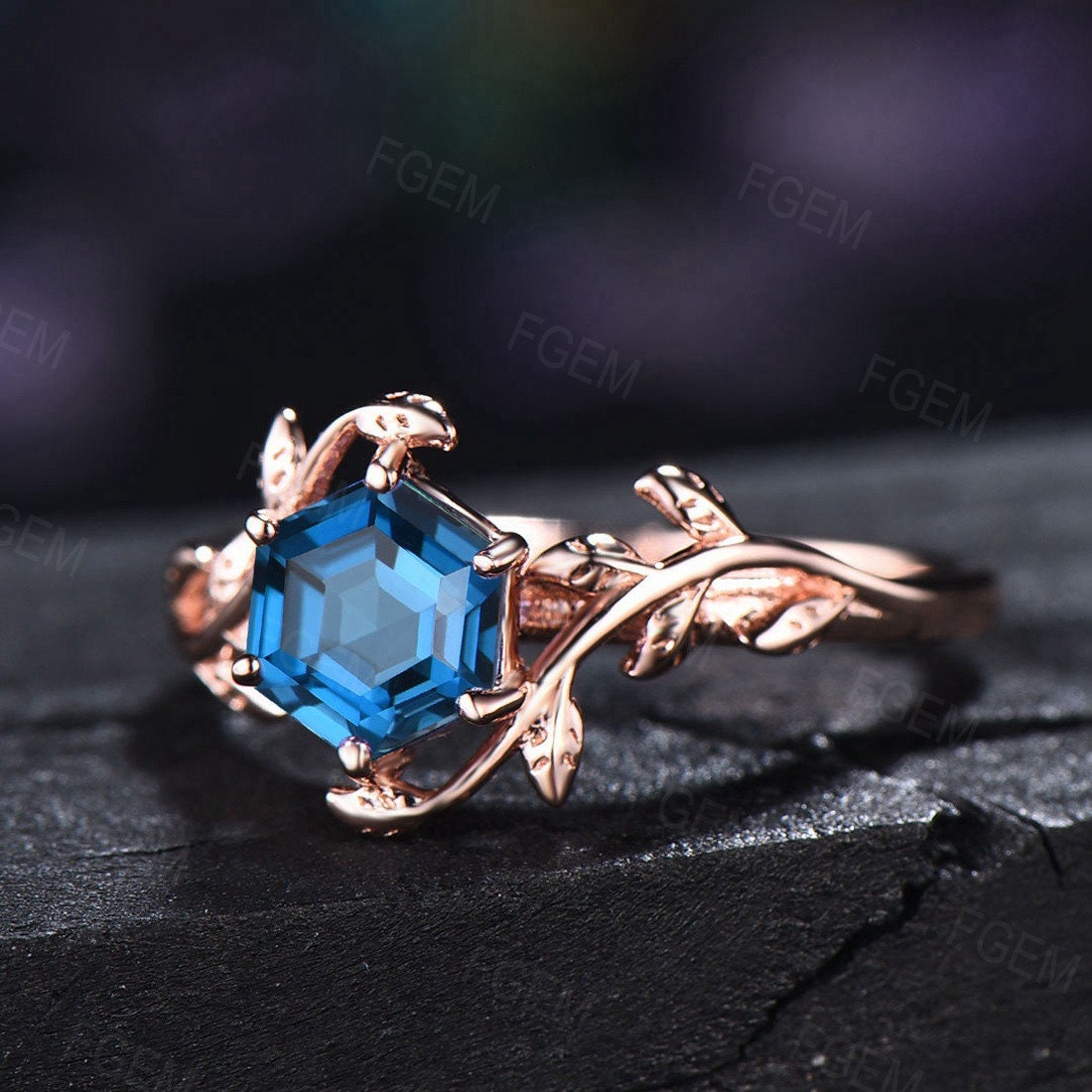 Hexagon Cut Natural London Blue Topaz Engagement Rings Sterling Silver Leaf Branch Blue Gemstone Ring for Women Nature Inspired Jewelry Gift