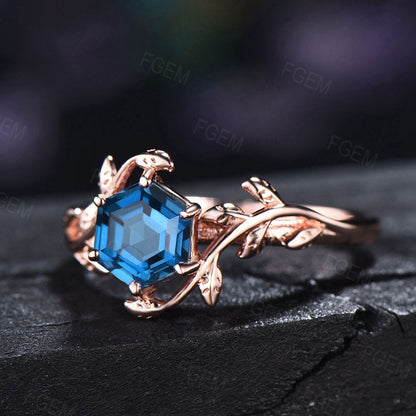 Hexagon Cut Natural London Blue Topaz Engagement Rings Sterling Silver Leaf Branch Blue Gemstone Ring for Women Nature Inspired Jewelry Gift