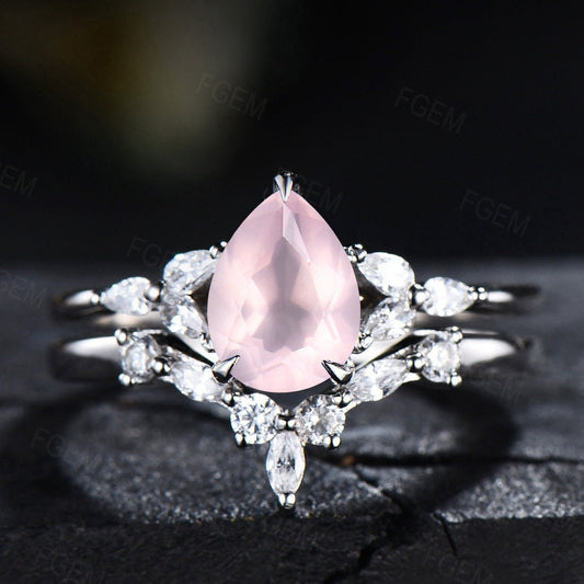 1.25ct Pear Shaped Natural Rose Quartz Engagement Ring Set Sterling Silver Pink Crystal Ring Pink Quartz Bridal Set Romantic Gift for Couple