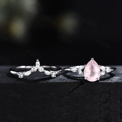 1.25ct Pear Shaped Natural Rose Quartz Engagement Ring Set Sterling Silver Pink Crystal Ring Pink Quartz Bridal Set Romantic Gift for Couple