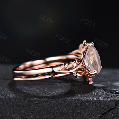 1.25ct Pear Shaped Natural Morganite Engagement Ring Leaf Vine Ring Set Nature Inspired Morganite Ring Set Unique Solitaire Promise Rings