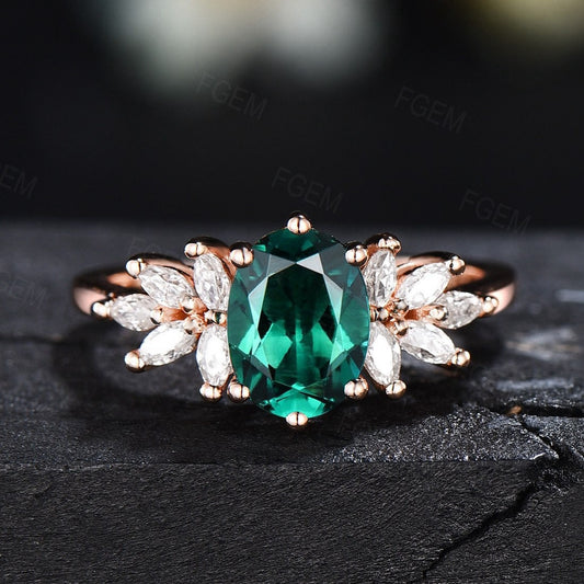 1.5ct Green Emerald Cluster Engagement Rings Sterling Silver Vintage May Birthstone Wedding Ring Marquise Leaf Ring Handmade Birthday Gifts