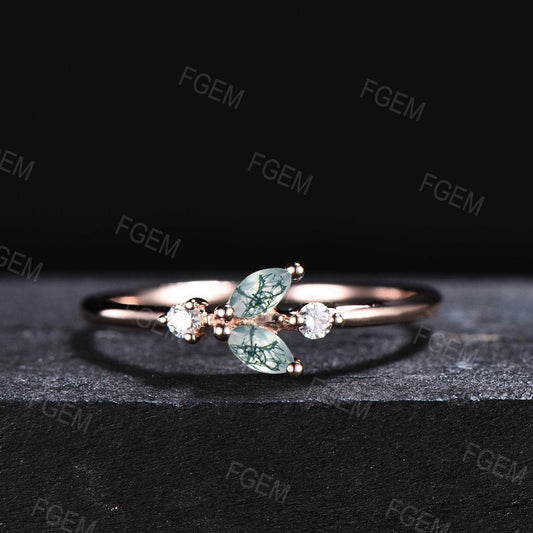 Marquise Cut Natural Green Moss Agate Wedding Band Diamond Moissanite Ring Mermaid Tail Shaped Ring Minimalist Jewelry Unique Gift for Her