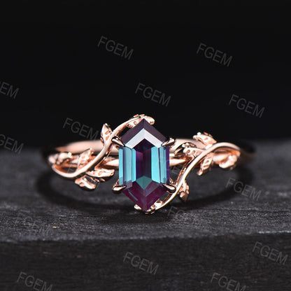 June Birthstone Ring for Women Long Hexagon Color Change Alexandrite Leaf Engagement Rings Anniversary Gift For Her Nature Inspired Jewelry