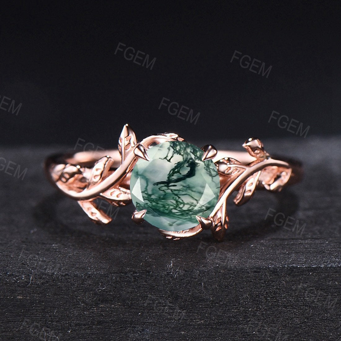 1ct Round Cut Natural Green Moss Agate Bridal Set 14K Rose Gold Branch Solitaire Rings Unique Curve Moissanite Wedding Band Anniversary Gift