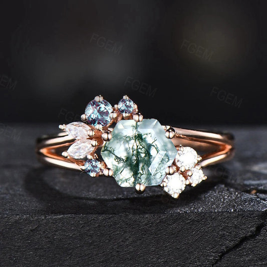 Hexagon Cluster Moss Agate Ring Gold Silver Unique Moss Agate Engagement Ring Cluster Alexandrite Moissanite Split Shank Promise Ring Women