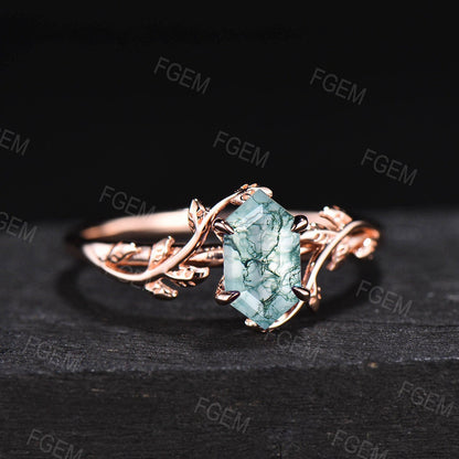 Hexagon Natural Moss Agate Ring Vintage Leaf Engagement Ring Inspired Leaf Solitaire Ring Green Gemstone Ring Unique Promise Ring for Women