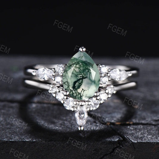 Pear Shaped Engagement Ring Set Sterling Silver 1.25ct Natural Moss Agate Wedding Ring Promise Ring Healing Gemstone Jewelry Gift for Women