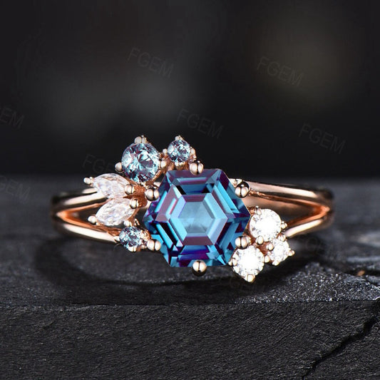 June Birthstone Ring for Women Color Change Alexandrite Cluster Engagement Ring Anniversary Gift For Her Split Shank Moissanite Wedding Ring