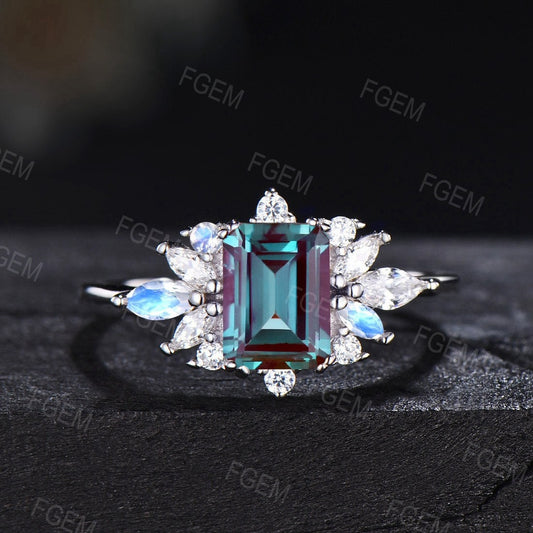 Emerald Cut Color-Change Alexandrite Cluster Engagement Ring Vintage Anniversary Gift Moissanite Moonstone Wedding Ring June Birthstone Ring