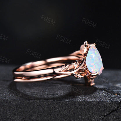 Nature Inspired White Opal Engagement Ring Set Vintage Coffin Shaped Fire Opal Cluster Amethyst Ring Unique Branch Leaf Wedding Ring Set