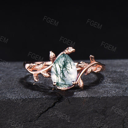 Pear Shaped Natural Moss Agate Engagement Rings Rose Gold Vintage Branch Design Solitaire Rings Unique Leaf Wedding Ring Anniversary Gifts